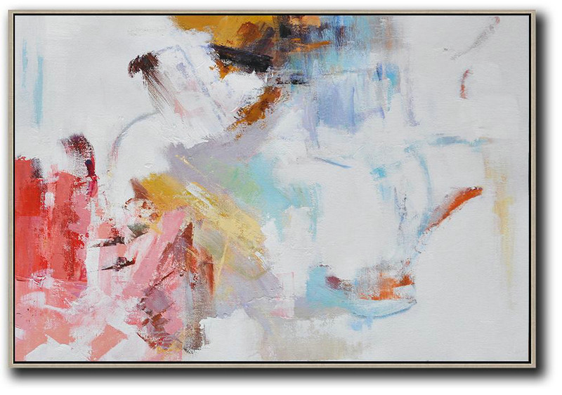 Handmade Large Contemporary Art,Hand Painted Horizontal Abstract Oil Painting On Canvas,Original Abstract Painting Canvas Art,White,Purple Grey,Blue,Earthy Yellow.etc